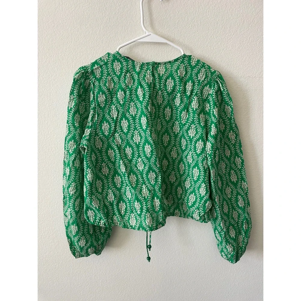 Zara Green White Leaf Print Puff Sleeve Cropped Blouse Top XS